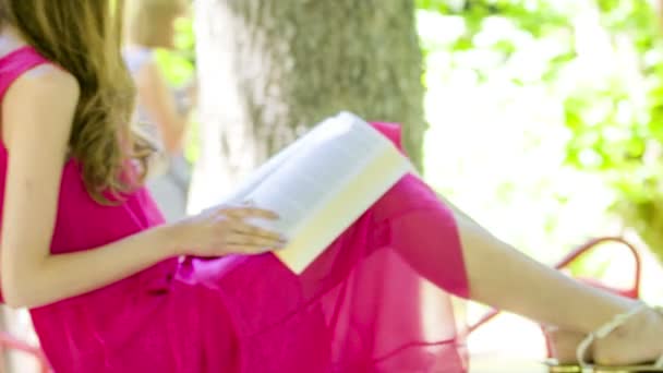 Beautiful young brunette woman reading a book — Stock Video