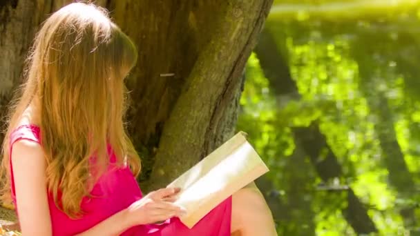Όμορφη νεαρή γυναίκα μελαχρινή που διαβάζοντας ένα βιβλίο — Αρχείο Βίντεο