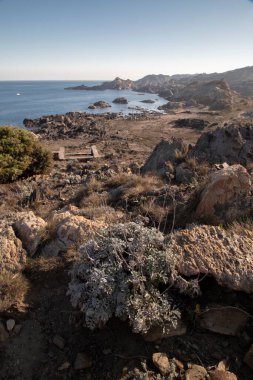 Kaya sahili ve Akdeniz 'i gösteren deniz manzarası Katalonya' da Costa Brava 'da Cap de Creus Cape' de Paratge de Tudela adlı bir yerde.