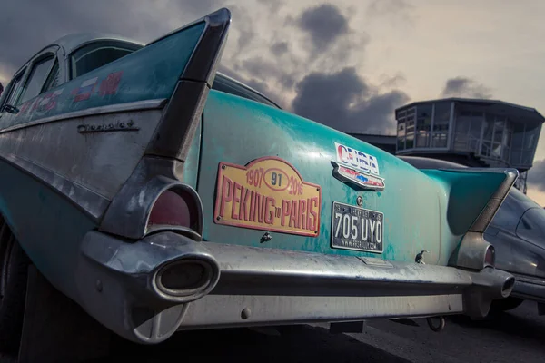 Stage of Peking to Paris Motor Challenge 2016 - 1957 Chevrolet 210 at the oldtimer rally parking. Close up rear end view with tail fins and lights