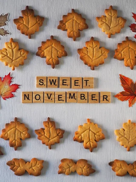 Autumn Decor Leaves Shaped Cookies Wooden Letters — Stock Photo, Image
