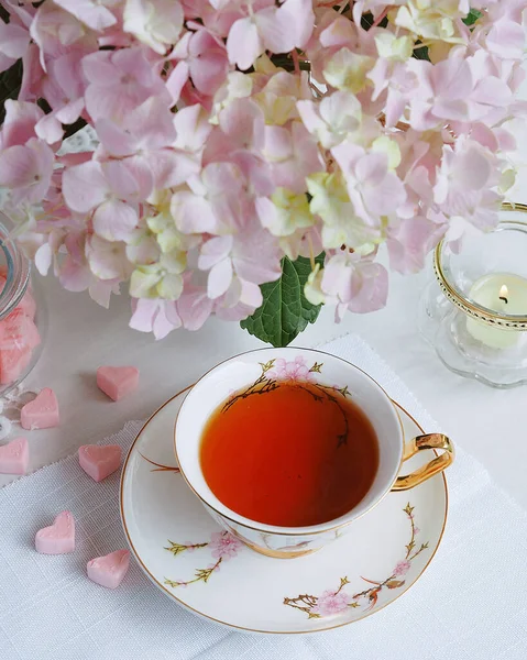 Black Tea Finest China Teacup Hydrangea Branch — Stock Photo, Image