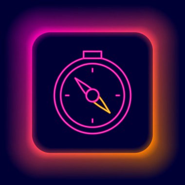 Parlayan neon hattı pusula simgesi siyah arkaplanda izole edildi. Rüzgâr yön bulma sembolü. Rüzgar gül işareti. Renkli taslak konsepti. Vektör.