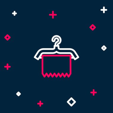 Hat askısı giysi ikonu mavi arka planda izole edildi. Temiz havlu işareti. Vestiyer ikonu. Kıyafet servis sembolü. Çamaşır askısı. Renkli taslak konsepti. Vektör