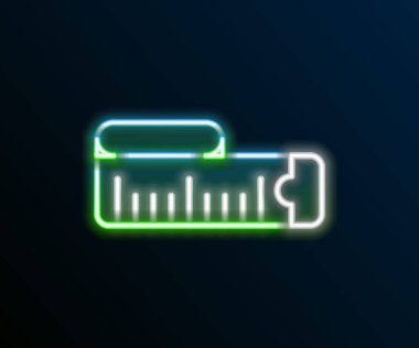 Parlayan neon hattı mezurası simgesi siyah arkaplanda izole edildi. Ölçüm bandı. Renkli taslak konsepti. Vektör