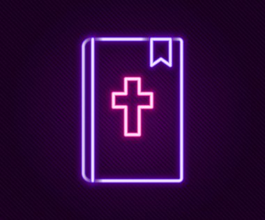 Parlayan neon hattı kutsal kitap ikonu siyah arka planda izole edildi. Renkli taslak konsepti. Vektör