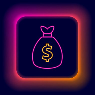 Parlayan neon hattı Para Çantası simgesi siyah arkaplanda izole edildi. Dolar ya da USD sembolü. Nakit bankacılık tabelası. Renkli taslak konsepti. Vektör