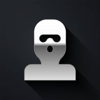 Gümüş Hırsız maskesi simgesi siyah arka planda izole edildi. Haydut maskesi, suçlu adam. Uzun gölge tarzı. Vektör