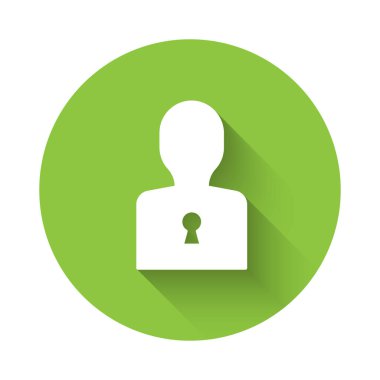 Psikoloji ikonundaki soruna uzun gölgeli bir solüsyon. Anahtar. Akıl sağlığı terapisi. Yeşil daire düğmesi. Vektör