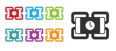 Beyaz arka planda siyah patlayıcı bomba çubuğu ve zamanlayıcı ikonu var. Saatli bomba - patlama tehlikesi kavramı. Simgeleri renklendirin. Vektör