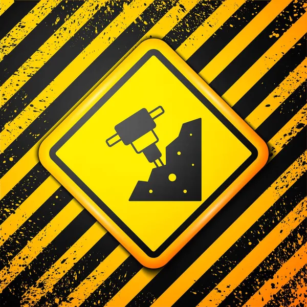 Schwarzer Presslufthammer Und Steinsymbol Isoliert Auf Gelbem Hintergrund Warnzeichen Vektor — Stockvektor