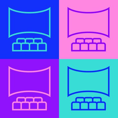 Renk arkaplanında ekran simgesi olan Pop Sanat Çizgisi Sineması salonu. Vektör