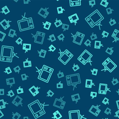 Yeşil çizgi Retro TV simgesi mavi arkaplanda izole edilmiş kusursuz desen. Televizyon tabelası. Vektör