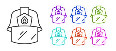 Siyah çizgi itfaiyeci miğferi ya da beyaz arka planda izole edilmiş itfaiyeci şapkası ikonu. Simgeleri renklendirin. Vektör