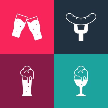 Pop sanatını bira bardağına, sosisi çatala ve ikona koy. Vektör