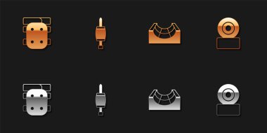 Dizlikleri, tornavidayı, kaykay parkını ve kaykay tekerleği simgesini ayarla. Vektör