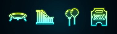 Trambolin, lunapark treni, kurdeleli balonlar ve sirk bileti. Parlayan neon ikonu. Vektör