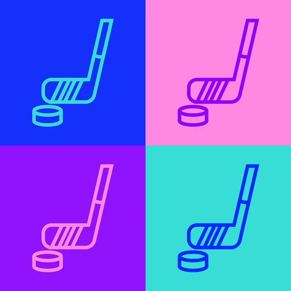 Pop Art Line Ice Hockey Stick Puck Icon Isolated Color — Stock Vector