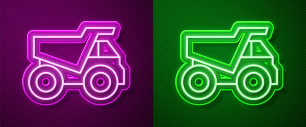 Gloeiende Neon Lijn Mijnbouw Dump Truck Pictogram Geïsoleerd Paarse Groene — Stockvector