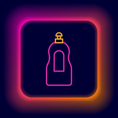 Parlayan neon hattı siyah arkaplanda izole edilmiş sıvı şişe ikonu. Bulaşık yıkamak için sıvı deterjan. Renkli taslak konsepti. Vektör