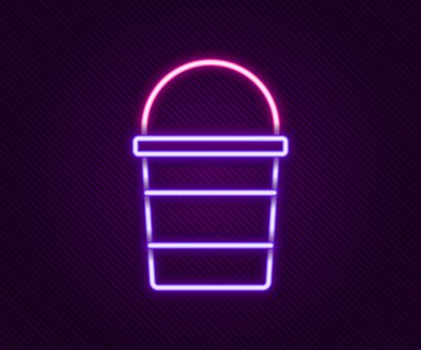 Parlayan neon hattı Ateş Kovası simgesi siyah arkaplanda izole edildi. Metal kova boş ya da ateşle savaşmak için su var. Renkli taslak konsepti. Vektör