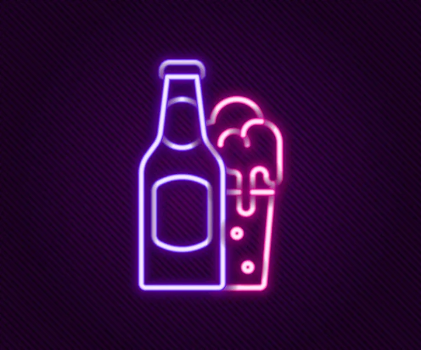 Gloeiende neon lijn Bierfles en glazen icoon geïsoleerd op zwarte achtergrond. Alcohol Drink symbool. Kleurrijk concept. Vector — Stockvector