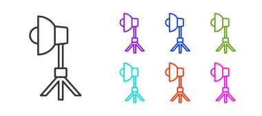 Softbox simgesindeki siyah çizgi Stüdyo ampulü beyaz arkaplanda izole edildi. Gölge yansıma tasarımı. Simgeleri renklendirin. Vektör