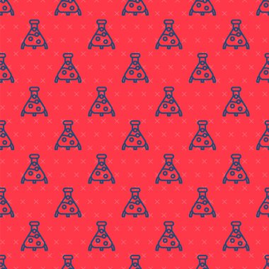 Mavi çizgi test tüpü ve matara kimyasal test ikonu kırmızı arkaplanda izole edilmiş pürüzsüz desen. Laboratuvar cam levhası. Vektör