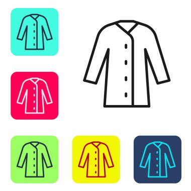 Siyah çizgi yağmurluk simgesi beyaz arkaplanda izole edildi. Renkli kare düğmelerle simgeleri ayarla. Vektör