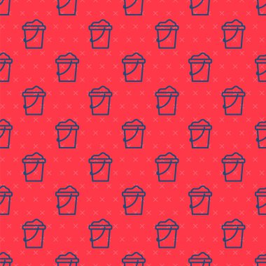 Mavi çizgi Kum ve kova simgesi kırmızı arka planda izole edilmiş kusursuz desen. Plastik çocuk oyuncağı. Yaz ikonu. Vektör