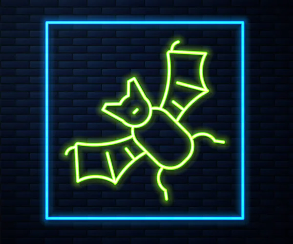 Brillante línea de neón Flying bat icono aislado en el fondo de la pared de ladrillo. Feliz fiesta de Halloween. Vector — Archivo Imágenes Vectoriales