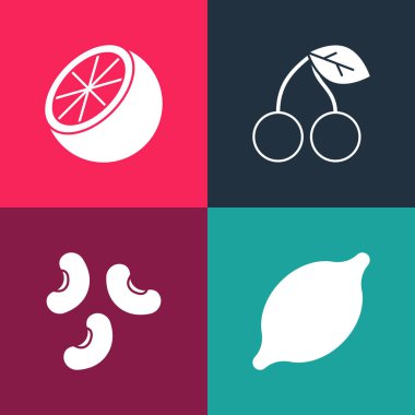 Pop Art Lemon, Beans, Cherry ve Orange meyve ikonunu hazırla. Vektör