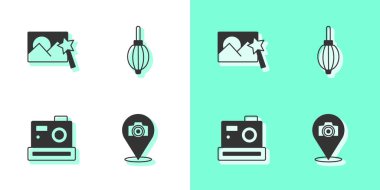 Fotoğraf makinesini, rötuşlamayı ve toz üfleyici simgesini ayarla. Vektör