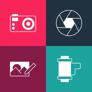 Pop sanat kamerası rulo kartuşu, fotoğraf rötuşlama, deklanşör ve kamera simgesini ayarlayın. Vektör