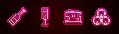 Set hattı. Şarap şişesi, şampanya, peynir ve ahşap fıçılar. Parlayan neon ikonu. Vektör