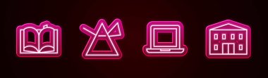 Hat açık, prizmada ışık huzmeleri, dizüstü bilgisayar ve okul binası. Parlayan neon ikonu. Vektör