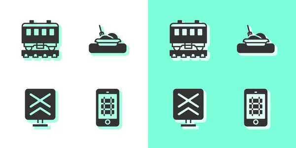 Set Buy train ticket online, Passenger cars, Railroad crossing and Plate with food icon. Vector — Stock Vector