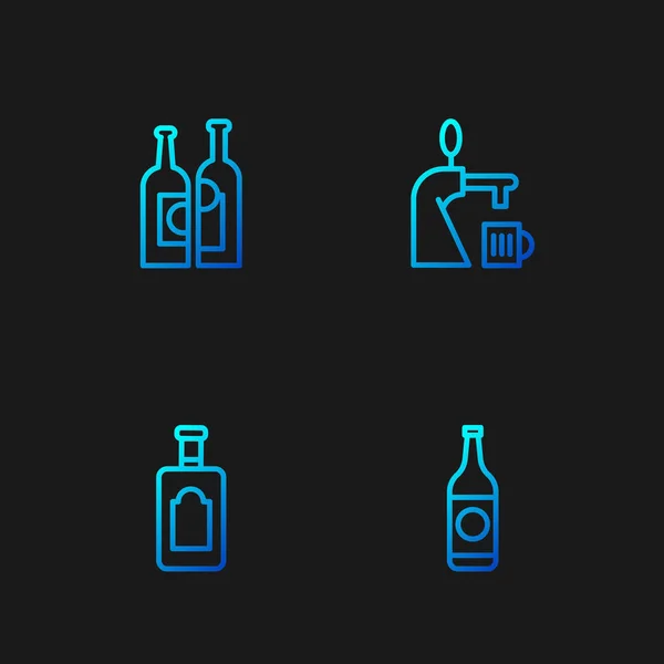 Set Linie Bierflasche, Whiskey, Weinflaschen und Zapfhahn mit Glas. Farbverlauf-Symbole. Vektor — Stockvektor