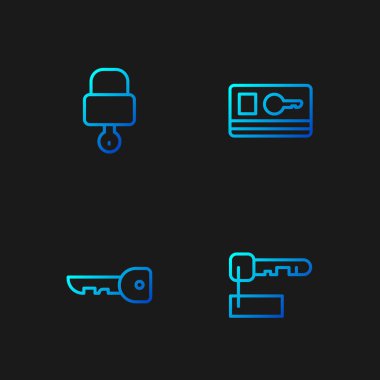 Satır İşaretli anahtar, anahtar, kilit ve kart. Renk simgeleri. Vektör