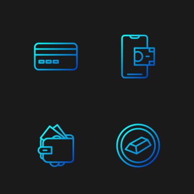 Altın külçeler, para dolu cüzdan, kredi kartı ve mobil bankacılık. Renk simgeleri. Vektör