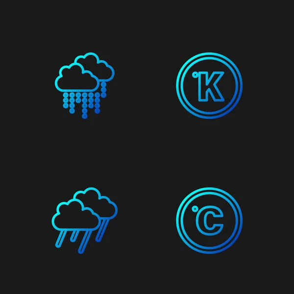 Fije la línea Celsius, Nube con lluvia, y Kelvin. Iconos de color degradado. Vector — Archivo Imágenes Vectoriales