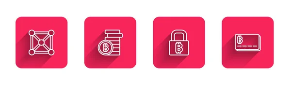 Establezca la tecnología Blockchain línea, Bitcoin, Lock con bitcoin y tarjeta de crédito con sombra larga. Botón cuadrado rojo. Vector — Archivo Imágenes Vectoriales