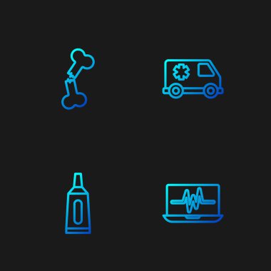 Dizüstü bilgisayara kardiyogram, merhem krem tüpü ilacı, kırık kemik ve acil servis. Renk simgeleri. Vektör