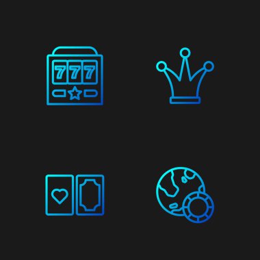 Kumarhane fişleri, iskambil kağıtları, büyük ikramiyeli kumar makinesi ve Joker. Renk simgeleri. Vektör