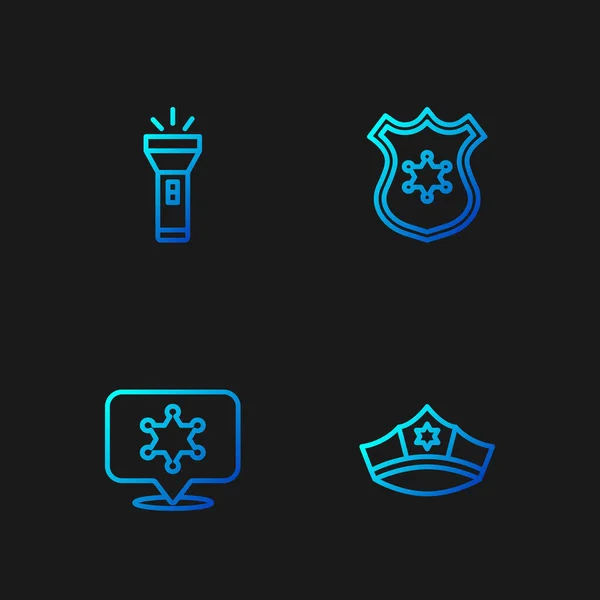 Set line Polizeimütze mit Kokarde, Hexagramm Sheriff, Taschenlampe und Abzeichen. Farbverlauf-Symbole. Vektor — Stockvektor