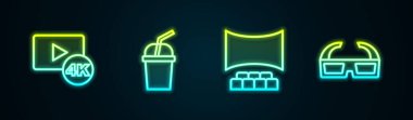 4K, kağıt cam su, sinema salonu ekranı ve 3D sinema gözlüklü bir çizgi televizyon ayarla. Parlayan neon ikonu. Vektör