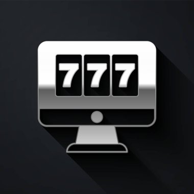 Siyah arka planda izole edilmiş, şanslı yedili büyük ikramiye ikonu olan Silver Online slot makinesi. İnternetteki kumarhane. Uzun gölge tarzı. Vektör.