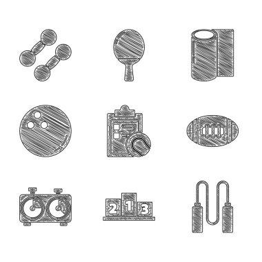 Checklist panosu ve tenis topu, spor şampiyonu podyumu ödülü, ip atlama, Amerikan futbolu, satranç saati, bowling, spor paspas rulosu ve Dumbbell ikonu. Vektör