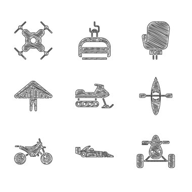 Snowmobile, Formula 1 yarış arabası, ATV motosiklet, kano, dağ bisikleti, planör, boks eldiveni ve İHA uçan ikonu. Vektör