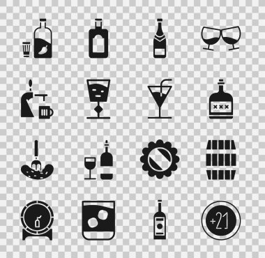 Alkol 21 artı, tahta fıçı, rom şişesi, şampanya, şarap bardağı, bira musluğu, votka biberi ve kokteyl ikonu. Vektör